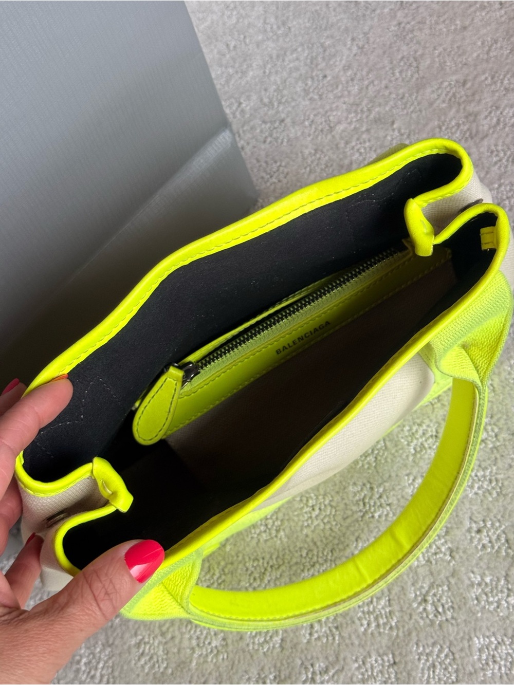 Balenciaga Canvas Tote with Neon Yellow Trim and Matching Pouch - Picture 4 of 7